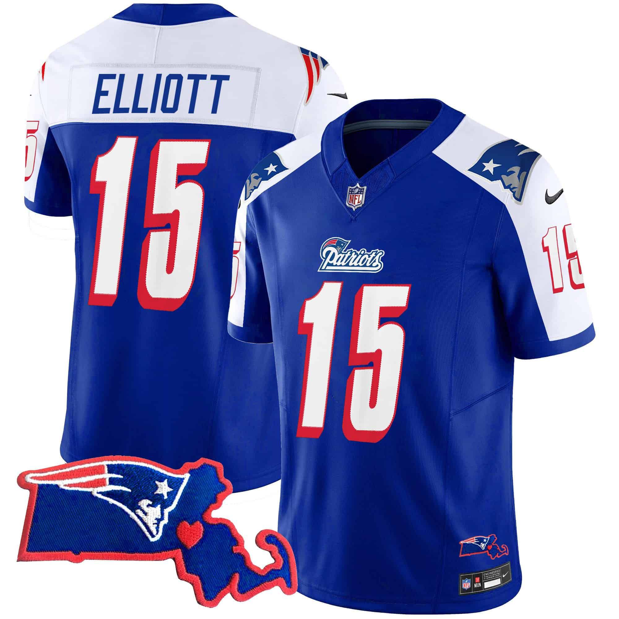 Men New England Patriots #15 Elliott Blue 2024 Nike Patch Vapor Limited NFL Jersey